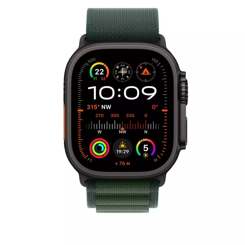 Bracelete Apple 49 mm Alpine Loop verde-escuro pequeno acabamento em titânio preto