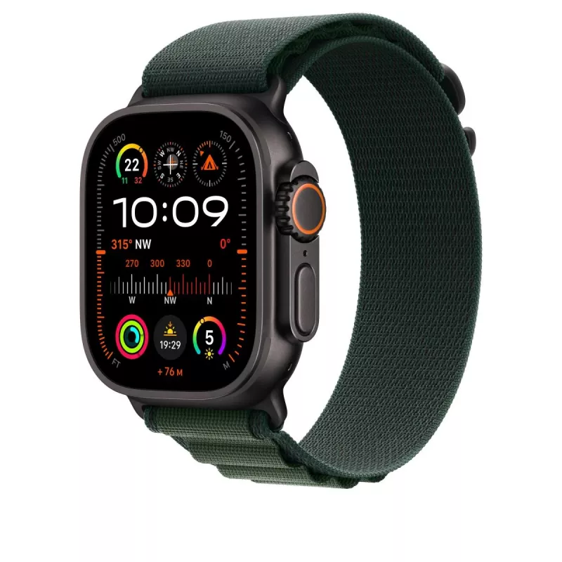 Bracelete Apple 49 mm Alpine Loop verde-escuro pequeno acabamento em titânio preto