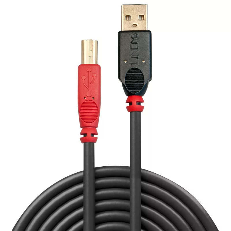 Cabo ativo USB 2.0 Type-A para B Lindy 15 m, 15 m, USB A, USB B, USB 2.0, macho/macho, preto, vermelho