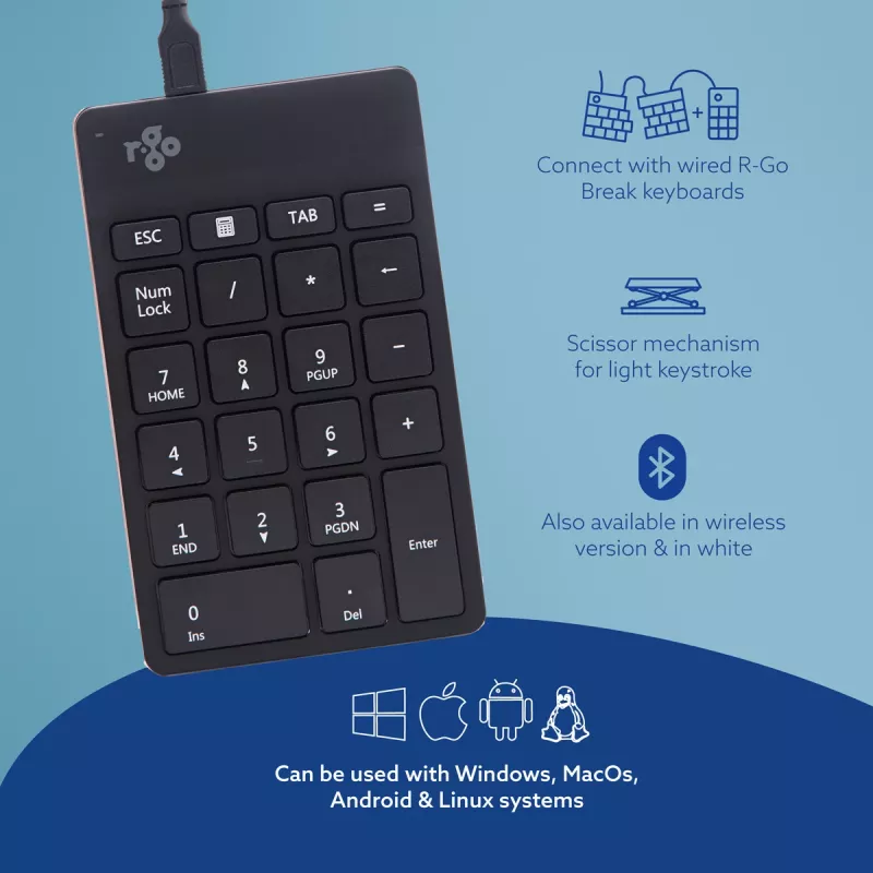 R-Go Tools teclado numérico R-Go Numpad Break, teclado numérico ergonómico com software de pausas, com fios, preto