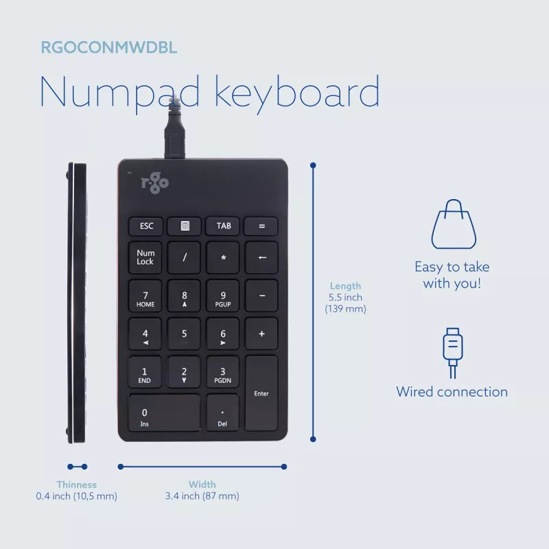 R-Go Tools teclado numérico R-Go Numpad Break, teclado numérico ergonómico com software de pausas, com fios, preto