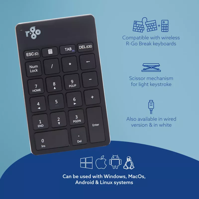 R-Go Tools teclado numérico R-Go Numpad Break, teclado numérico ergonómico com software de pausas, Bluetooth, preto