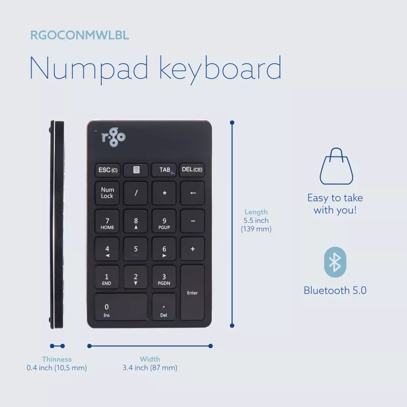 R-Go Tools teclado numérico R-Go Numpad Break, teclado numérico ergonómico com software de pausas, Bluetooth, preto
