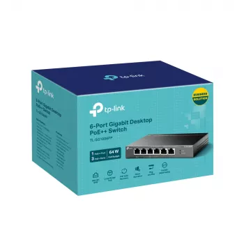 Switch de secretária TP-Link 6 portas Gigabit com 3 portas PoE+ e 1 porta PoE++