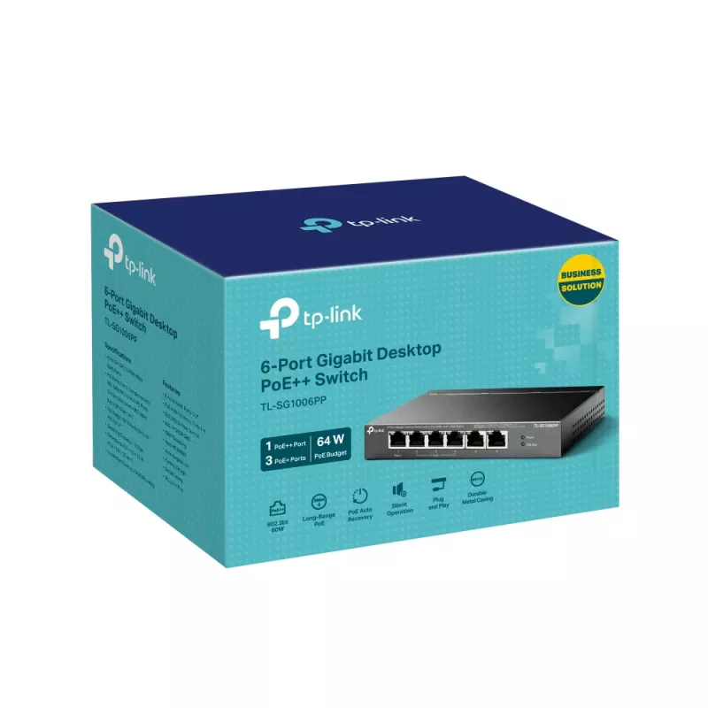 Switch de secretária TP-Link 6 portas Gigabit com 3 portas PoE+ e 1 porta PoE++
