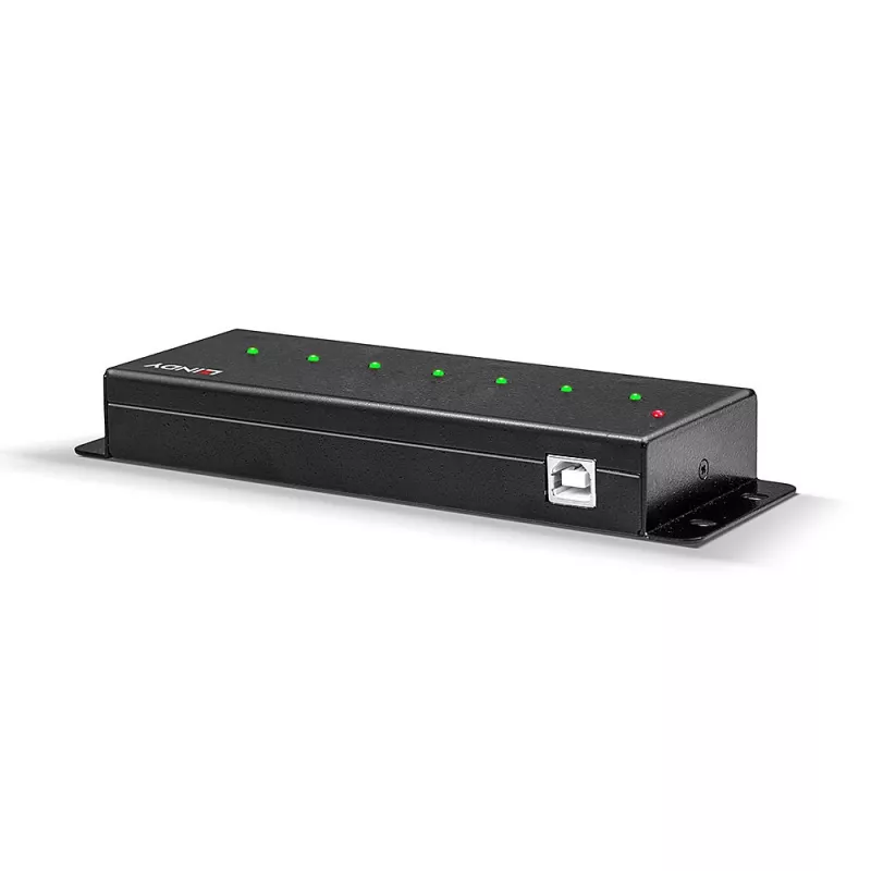 Lindy 42794 hub USB 2.0 industrial de metal com 7 portas, 480 Mbit/s, abas de fixação, fonte de alimentação externa, preto