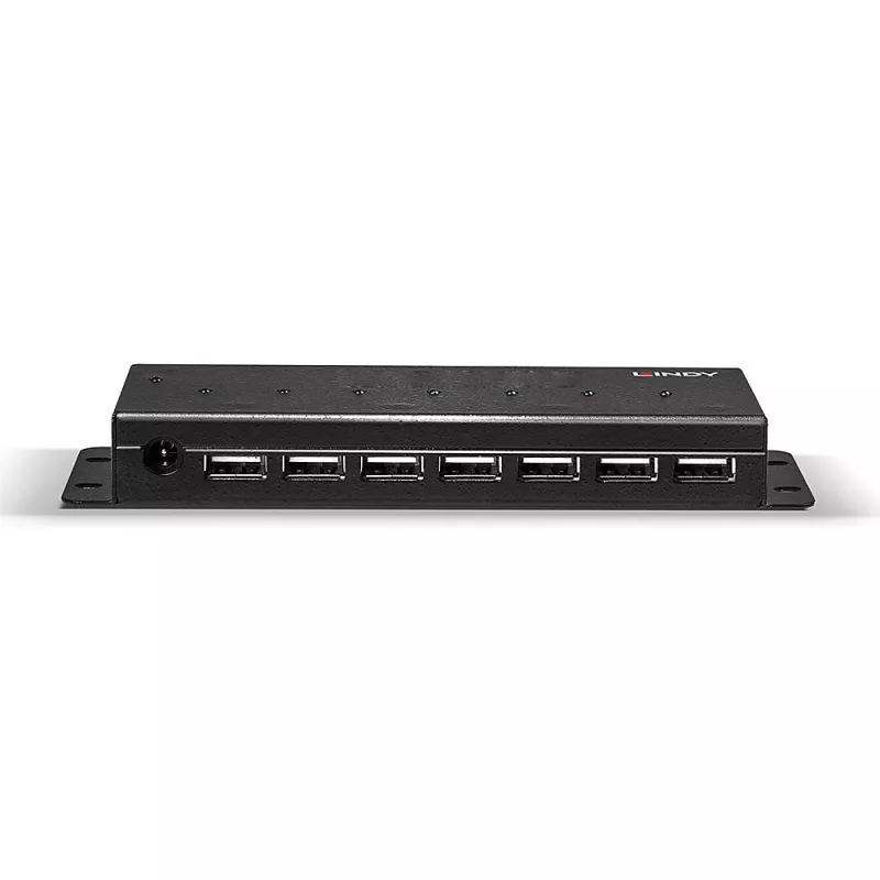 Lindy 42794 hub USB 2.0 industrial de metal com 7 portas, 480 Mbit/s, abas de fixação, fonte de alimentação externa, preto