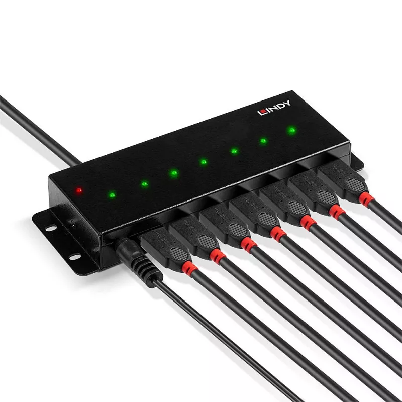 Lindy 42794 hub USB 2.0 industrial de metal com 7 portas, 480 Mbit/s, abas de fixação, fonte de alimentação externa, preto