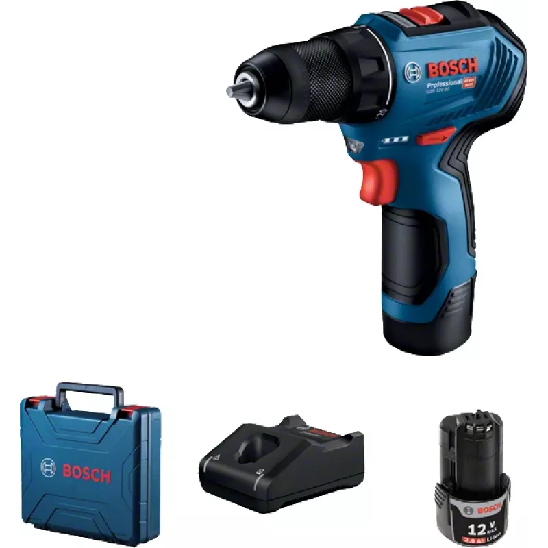 Bosch GSR 12V-30 aparafusadora a bateria, 2x 2,0 Ah, 30/17 Nm, sem escovas, mala