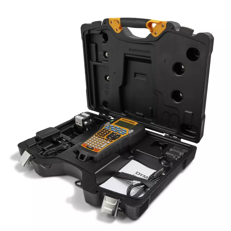 Impressora de etiquetas industrial DYMO Rhino 6000+ | Impressora de etiquetas ligada ao computador com mala rígida | Inclui 1 cassete de fita de vinil, 1 cassete de fita de nylon flexível e bateria de iões de lítio recarregável