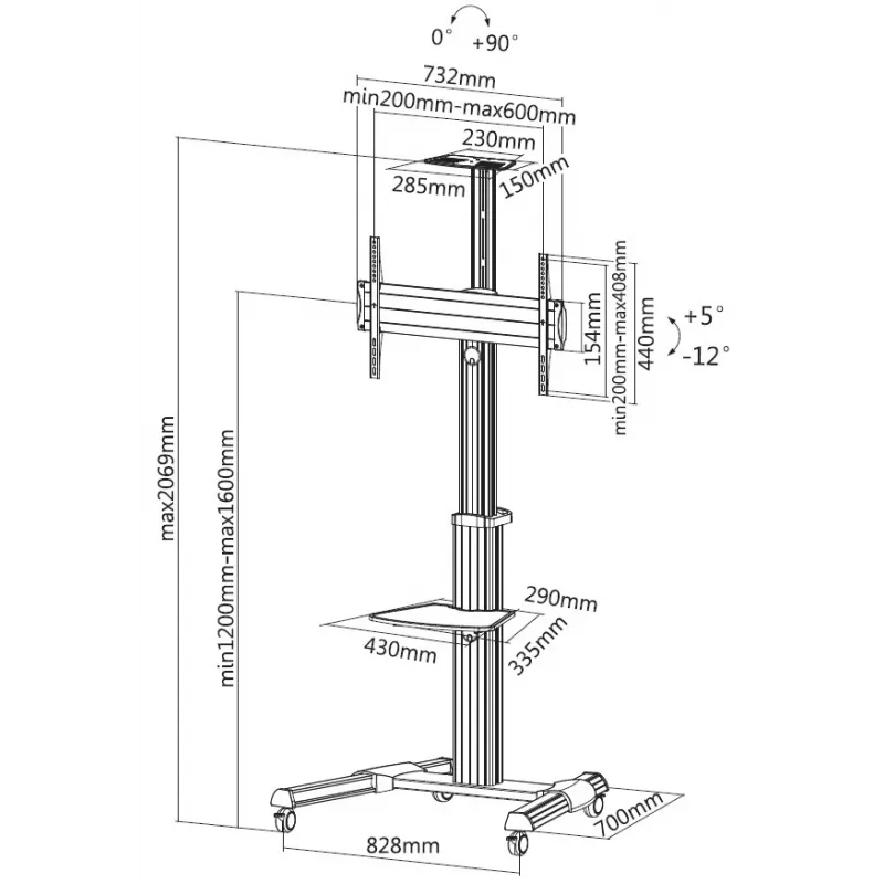 Equip 650602 carrinho para ecrã LFD de 37-70 polegadas (94-177,8 cm), rotação de 90°, VESA máx. 600 x 400 mm, 50 kg, alumínio, preto, branco