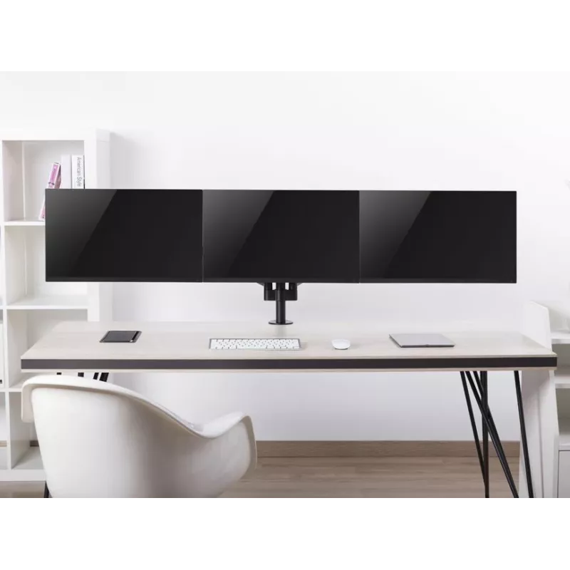 Suporte de secretária para três monitores Equip 17-27 polegadas, grampo, 21 kg, 75 x 75 mm, 100 x 100 mm, altura ajustável, Preto