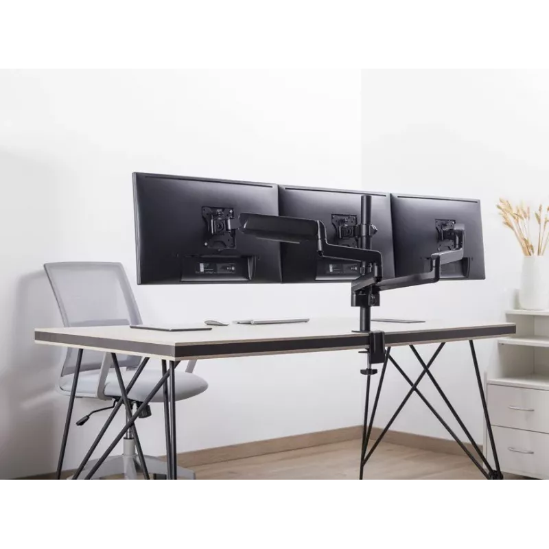 Suporte de secretária para três monitores Equip 17-27 polegadas, grampo, 21 kg, 75 x 75 mm, 100 x 100 mm, altura ajustável, Preto