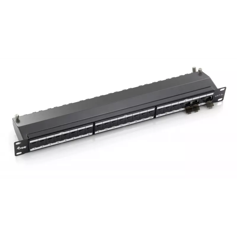 Patch panel blindado Equip 24 portas Cat.6A, Preto, RJ-45, Dourado, Cat6a, montagem em rack, 1U, Preto