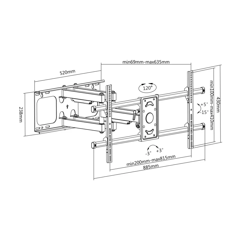 Suporte de parede para TV inclinável/giratório Equip 37–90 polegadas, 200 x 200 mm, 816 x 410 mm, -15 - 5°, -60 - 60°, aço, Preto