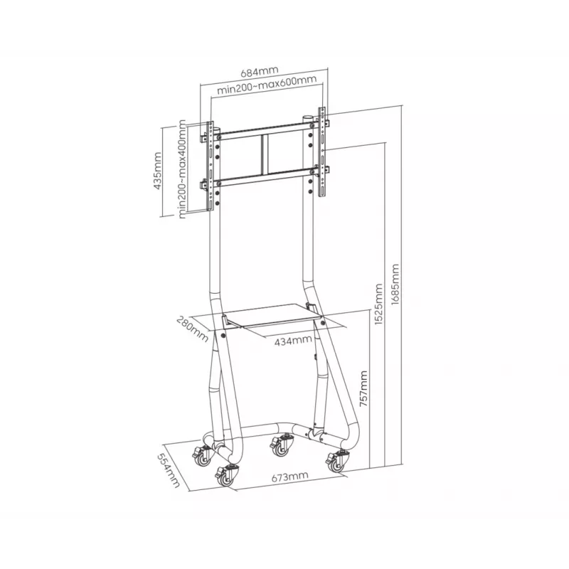 Carrinho de TV robusto Equip 37-80 polegadas, 94 cm (37 polegadas), 2,03 m (80 polegadas), 200 x 200 mm, 600 x 400 mm, alumínio, plástico, aço inoxidável, preto