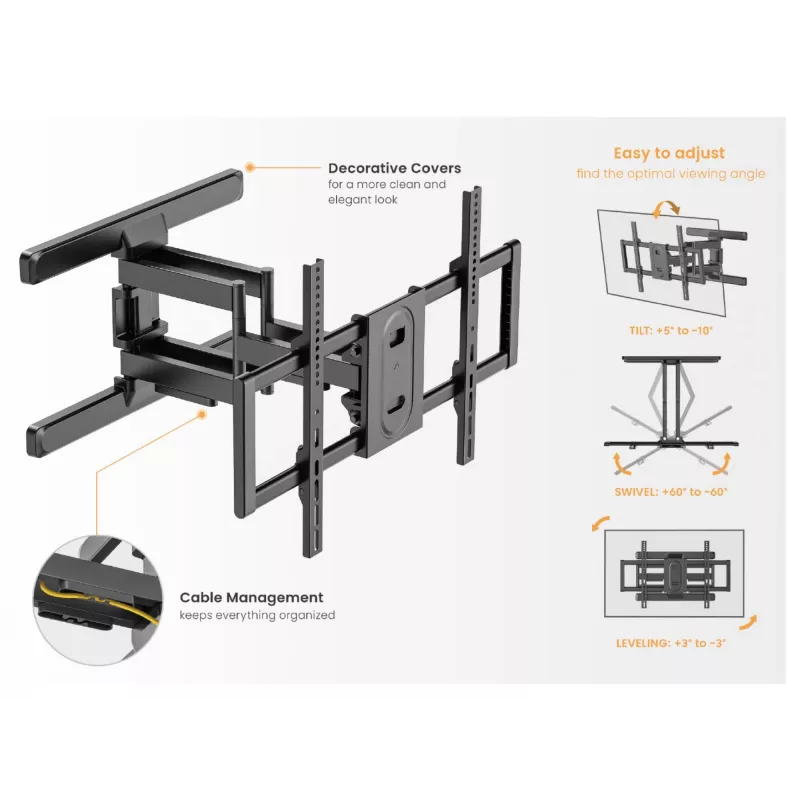 Suporte de parede para TV full-motion Equip 43-100 polegadas, 200 x 200 mm, 800 x 400 mm, -10 - 5°, -60 - 60°, plástico, aço inoxidável, preto