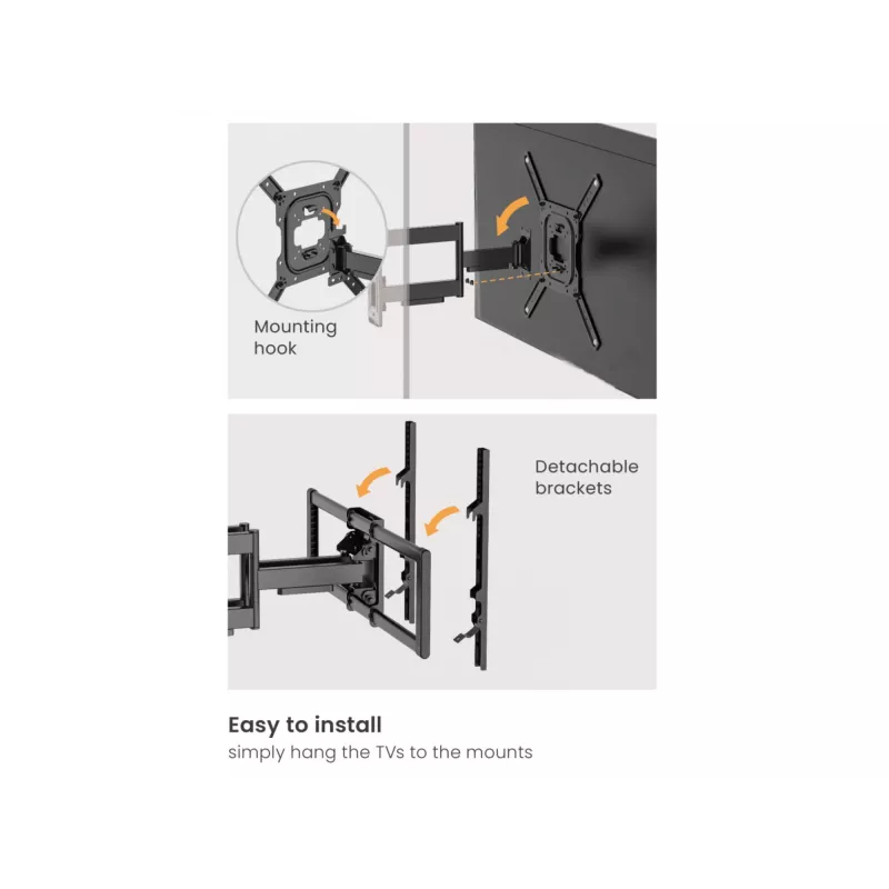 Suporte de parede para TV full-motion Equip 43-100 polegadas, 200 x 200 mm, 800 x 400 mm, -10 - 5°, -60 - 60°, plástico, aço inoxidável, preto
