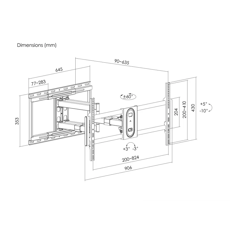 Suporte de parede para TV full-motion Equip 43-100 polegadas, 200 x 200 mm, 800 x 400 mm, -10 - 5°, -60 - 60°, plástico, aço inoxidável, preto