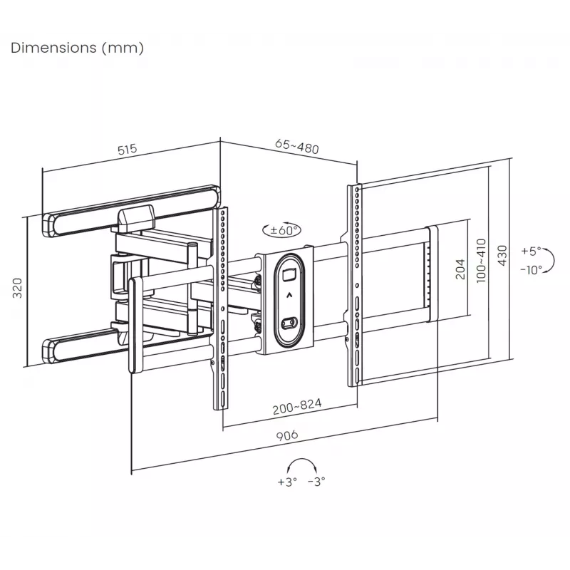 Suporte de parede para TV full-motion Equip 43-100 polegadas, 200 x 200 mm, 800 x 400 mm, -10 - 5°, -60 - 60°, plástico, aço inoxidável, preto