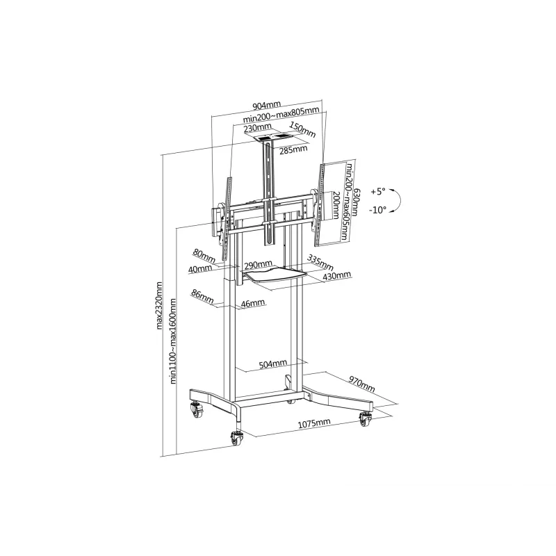 Carrinho móvel motorizado para LFD Equip 55-100 polegadas, 2,54 m (100 polegadas), 200 x 200 mm, 800 x 600 mm, -10 - 5°, alumínio, plástico, aço inoxidável, preto