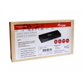 Equip divisor HDMI 2.0 ultrafino de 4 portas, HDMI, 4x HDMI, 3840 x 2160 píxeis, preto, alumínio, 4K Ultra HD