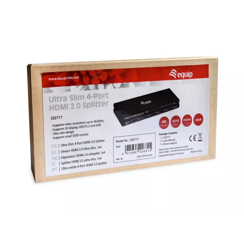 Equip divisor HDMI 2.0 ultrafino de 4 portas, HDMI, 4x HDMI, 3840 x 2160 píxeis, preto, alumínio, 4K Ultra HD