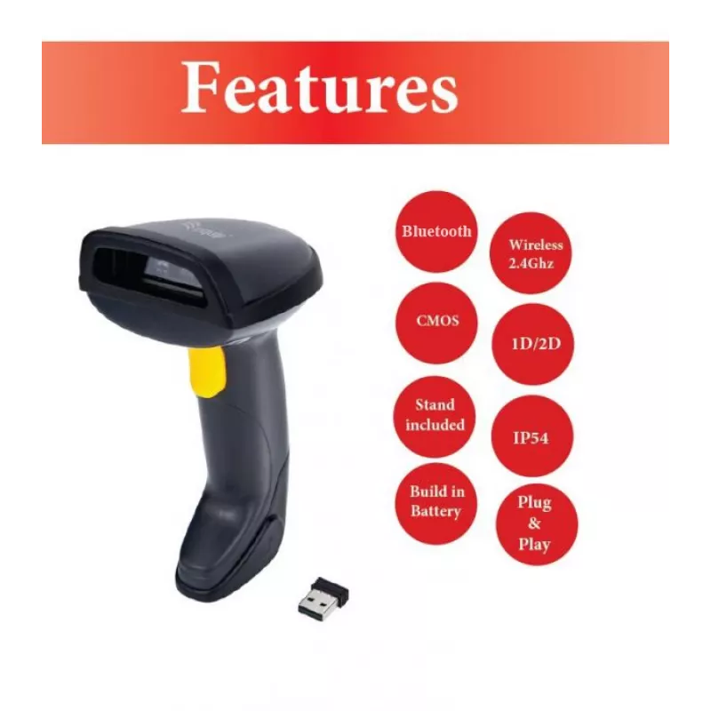Leitor de códigos de barras 2D dual-mode sem fios Equip 2,4GHz + Bluetooth, com suporte
