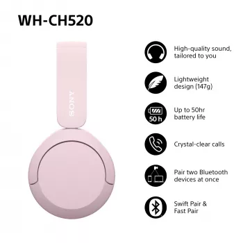 Sony WHCH520P.CE7, sem fios, 20 - 20000 Hz, chamadas/música, 147 g, headset, rosa