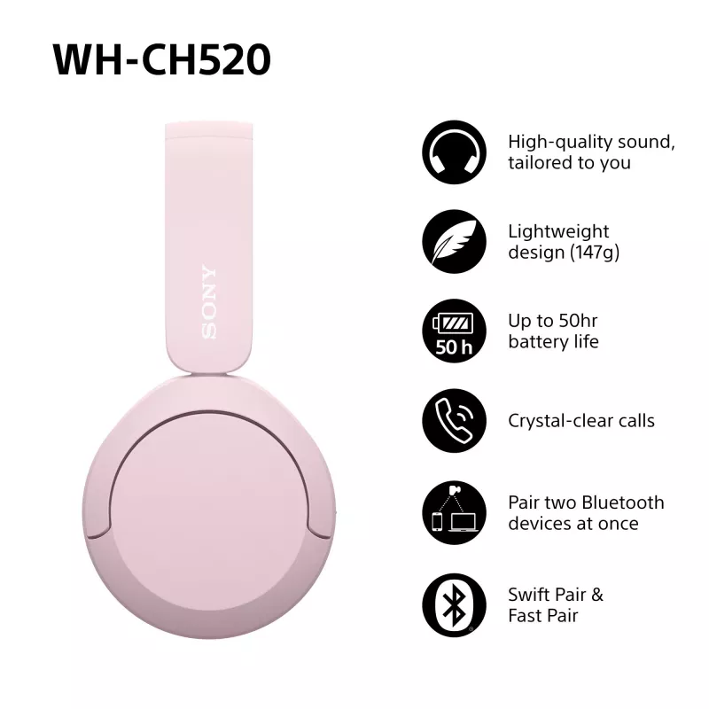 Sony WHCH520P.CE7, sem fios, 20 - 20000 Hz, chamadas/música, 147 g, headset, rosa