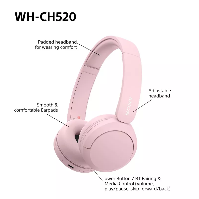 Sony WHCH520P.CE7, sem fios, 20 - 20000 Hz, chamadas/música, 147 g, headset, rosa