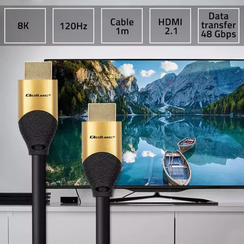 Qoltec 50354 cabo HDMI 2.1 Ultra High Speed, 1 m, 8K 60 Hz, 30AWG, dourado