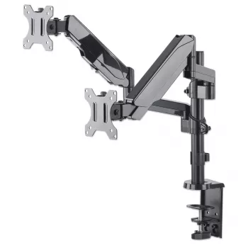 Manhattan suporte duplo de secretária para TV e monitores (mola a gás com movimento total), para ecrãs de 10 polegadas a 27 polegadas, montagem por aperto ou por bucha, compatibilidade VESA: 75x75 e 100x100 mm - verifique as dimensões dos quatro orifícios de fixação na parte traseira do ecrã para garantir que encaixa, máx. 8 kg (cada)