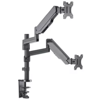 Manhattan suporte duplo de secretária para TV e monitores (mola a gás com movimento total), para ecrãs de 10 polegadas a 27 polegadas, montagem por aperto ou por bucha, compatibilidade VESA: 75x75 e 100x100 mm - verifique as dimensões dos quatro orifícios de fixação na parte traseira do ecrã para garantir que encaixa, máx. 8 kg (cada)