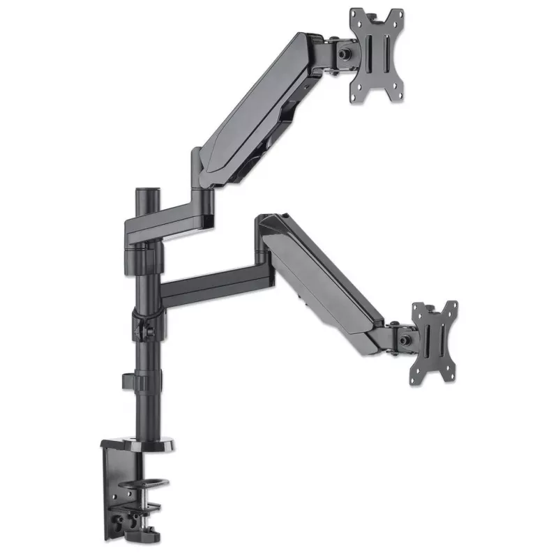Manhattan suporte duplo de secretária para TV e monitores (mola a gás com movimento total), para ecrãs de 10 polegadas a 27 polegadas, montagem por aperto ou por bucha, compatibilidade VESA: 75x75 e 100x100 mm - verifique as dimensões dos quatro orifícios de fixação na parte traseira do ecrã para garantir que encaixa, máx. 8 kg (cada)