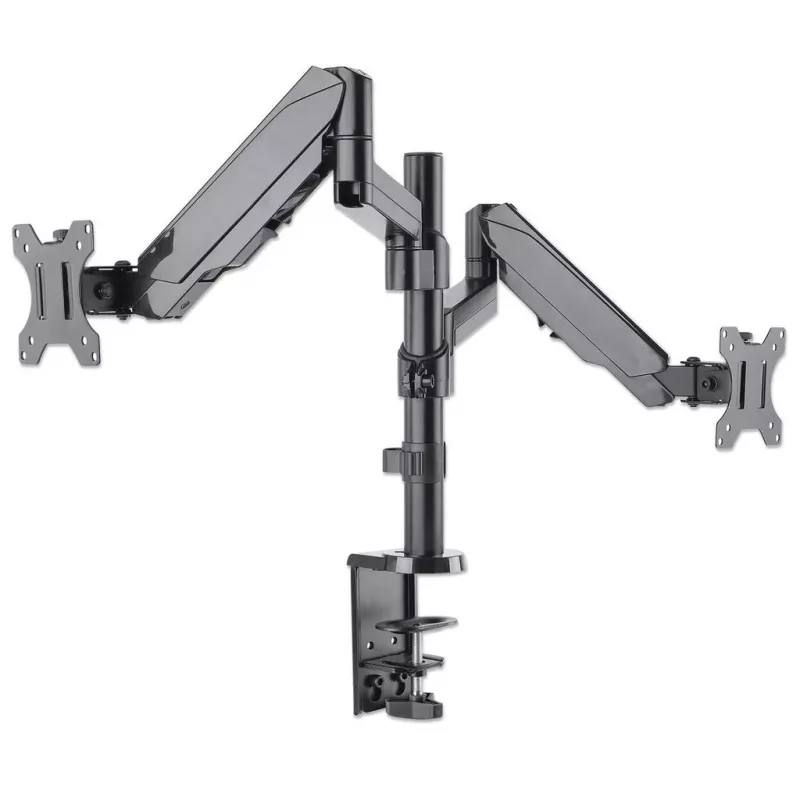 Manhattan suporte duplo de secretária para TV e monitores (mola a gás com movimento total), para ecrãs de 10 polegadas a 27 polegadas, montagem por aperto ou por bucha, compatibilidade VESA: 75x75 e 100x100 mm - verifique as dimensões dos quatro orifícios de fixação na parte traseira do ecrã para garantir que encaixa, máx. 8 kg (cada)