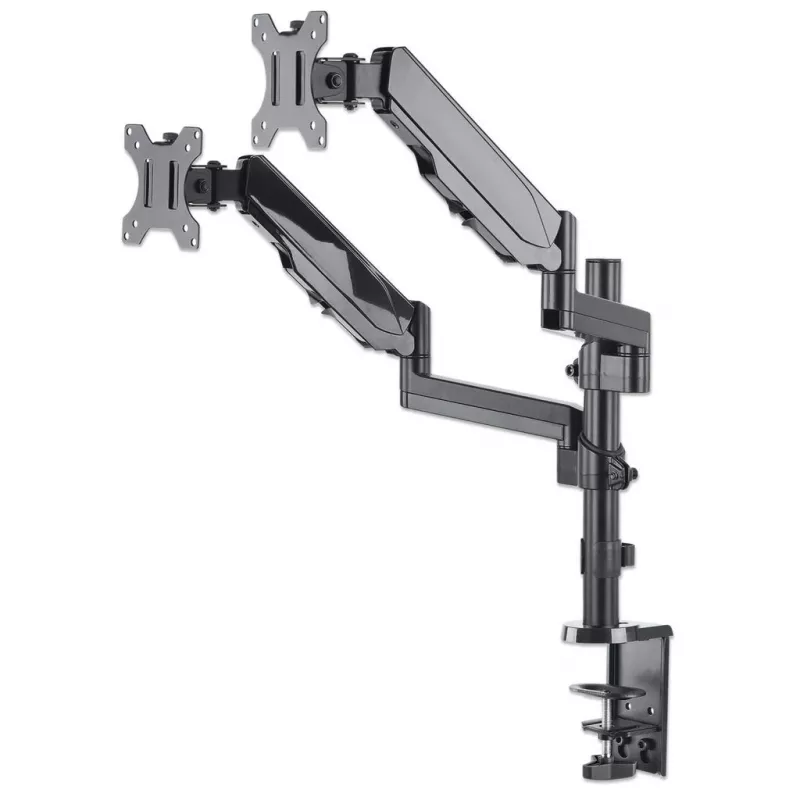 Manhattan suporte duplo de secretária para TV e monitores (mola a gás com movimento total), para ecrãs de 10 polegadas a 27 polegadas, montagem por aperto ou por bucha, compatibilidade VESA: 75x75 e 100x100 mm - verifique as dimensões dos quatro orifícios de fixação na parte traseira do ecrã para garantir que encaixa, máx. 8 kg (cada)