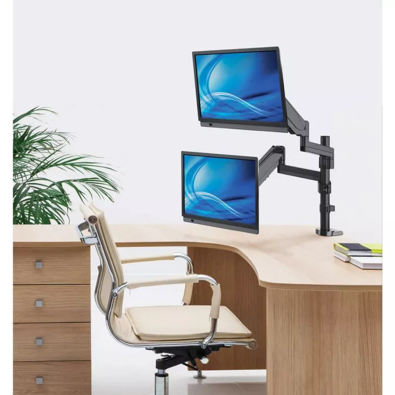 Manhattan suporte duplo de secretária para TV e monitores (mola a gás com movimento total), para ecrãs de 10 polegadas a 27 polegadas, montagem por aperto ou por bucha, compatibilidade VESA: 75x75 e 100x100 mm - verifique as dimensões dos quatro orifícios de fixação na parte traseira do ecrã para garantir que encaixa, máx. 8 kg (cada)