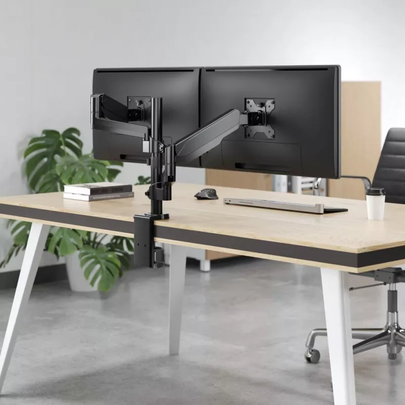 Manhattan suporte duplo de secretária para TV e monitores (mola a gás com movimento total), para ecrãs de 10 polegadas a 27 polegadas, montagem por aperto ou por bucha, compatibilidade VESA: 75x75 e 100x100 mm - verifique as dimensões dos quatro orifícios de fixação na parte traseira do ecrã para garantir que encaixa, máx. 8 kg (cada)