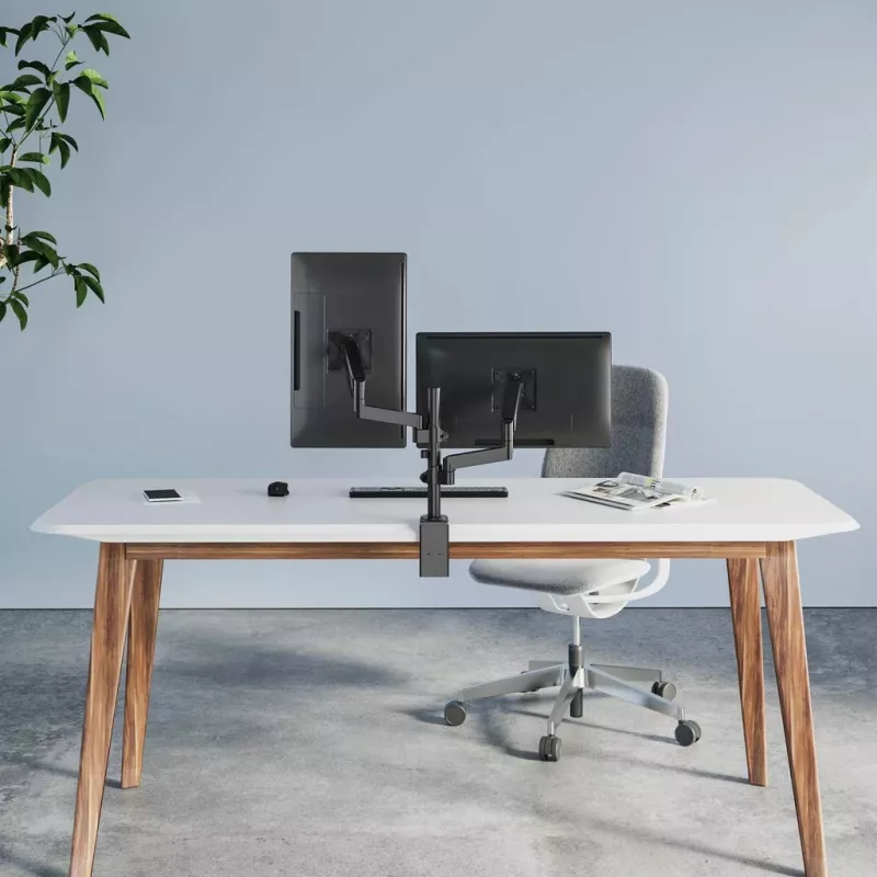 Manhattan suporte duplo de secretária para TV e monitores (mola a gás com movimento total), para ecrãs de 10 polegadas a 27 polegadas, montagem por aperto ou por bucha, compatibilidade VESA: 75x75 e 100x100 mm - verifique as dimensões dos quatro orifícios de fixação na parte traseira do ecrã para garantir que encaixa, máx. 8 kg (cada)