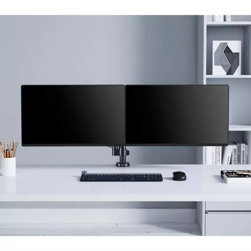 Manhattan suporte duplo de secretária para TV e monitores (mola a gás com movimento total), para ecrãs de 10 polegadas a 27 polegadas, montagem por aperto ou por bucha, compatibilidade VESA: 75x75 e 100x100 mm - verifique as dimensões dos quatro orifícios de fixação na parte traseira do ecrã para garantir que encaixa, máx. 8 kg (cada)