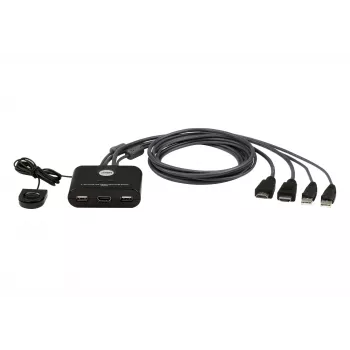 ATEN Comutador KVM USB FHD HDMI de 2 portas com cabo, 1920 x 1200 píxeis, Full HD, 1,518 W, Preto