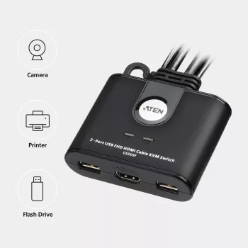 ATEN Comutador KVM USB FHD HDMI de 2 portas com cabo, 1920 x 1200 píxeis, Full HD, 1,518 W, Preto