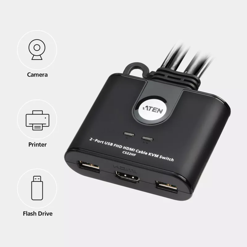 ATEN Comutador KVM USB FHD HDMI de 2 portas com cabo, 1920 x 1200 píxeis, Full HD, 1,518 W, Preto