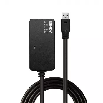 Lindy 10m USB 3.0 Active Extension Pro Hub, USB 3.2 Gen 1 (3.1 Gen 1) Type-A, USB 3.2 Gen 1 (3.1 Gen 1) Type-A, 5000 Mbit/s, Preto, Plástico, Cabo redondo