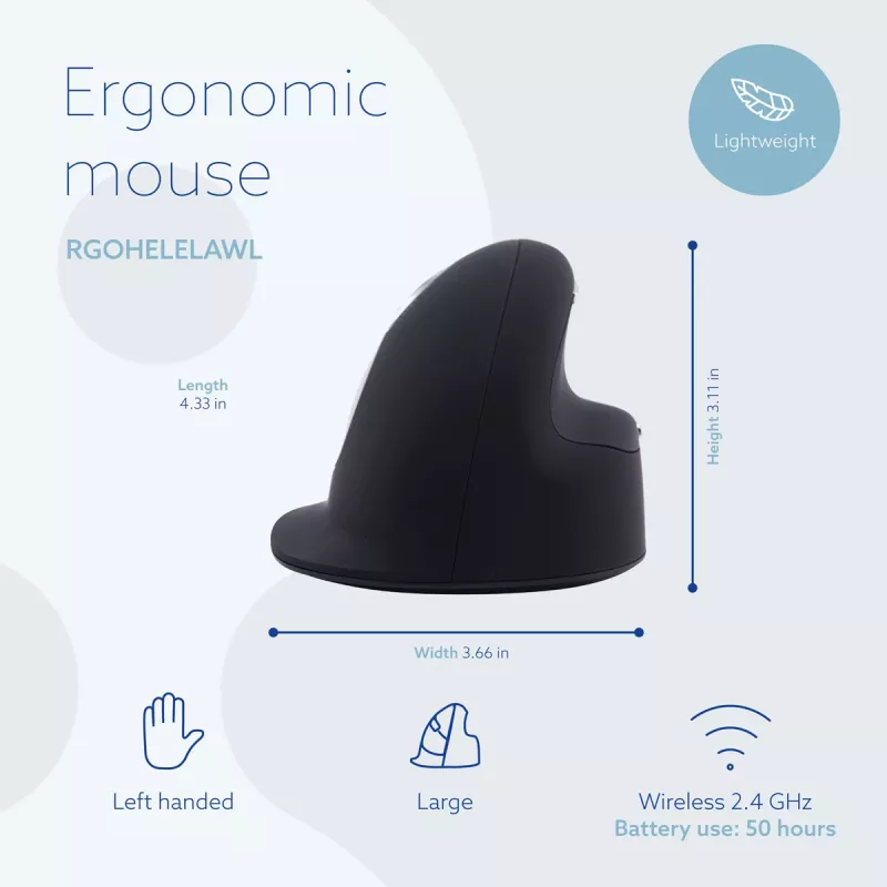 Rato ergonómico R-Go Tools R-Go HE Break com software de pausas, grande (tamanho de mão ≥ 185 mm), para canhotos, Bluetooth, preto