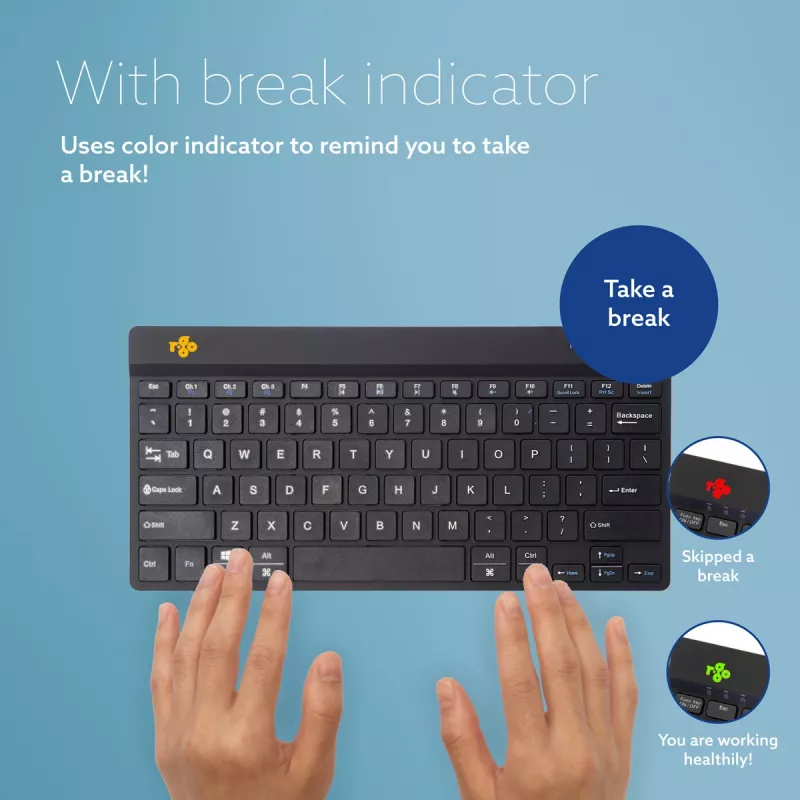 Teclado ergonómico R-Go Tools R-Go Compact Break, teclado compacto com software de pausas, QWERTY (US), Bluetooth, preto