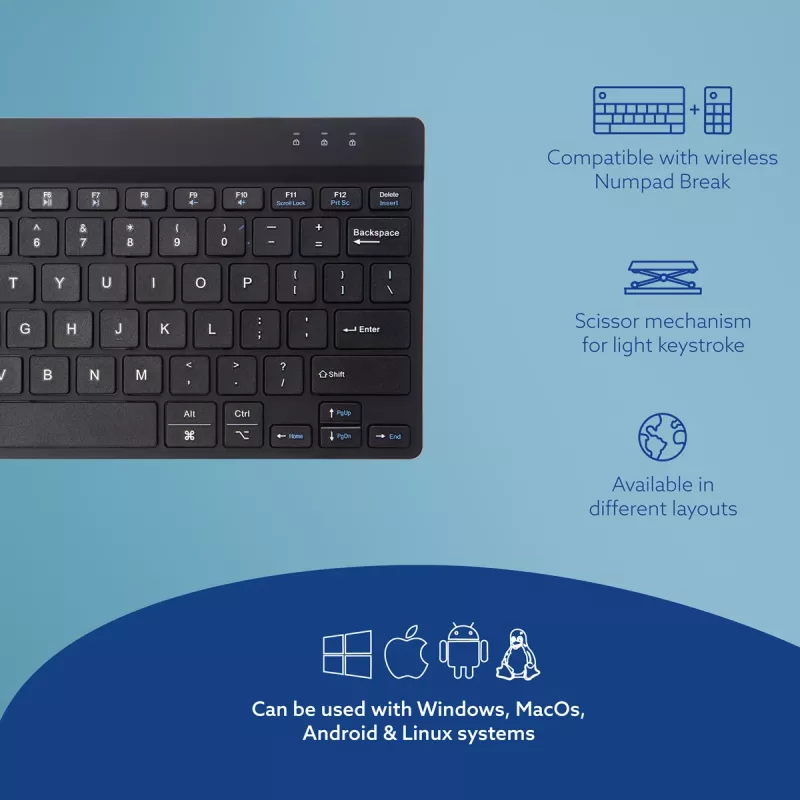 Teclado ergonómico R-Go Tools R-Go Compact Break, teclado compacto com software de pausas, QWERTY (US), Bluetooth, preto