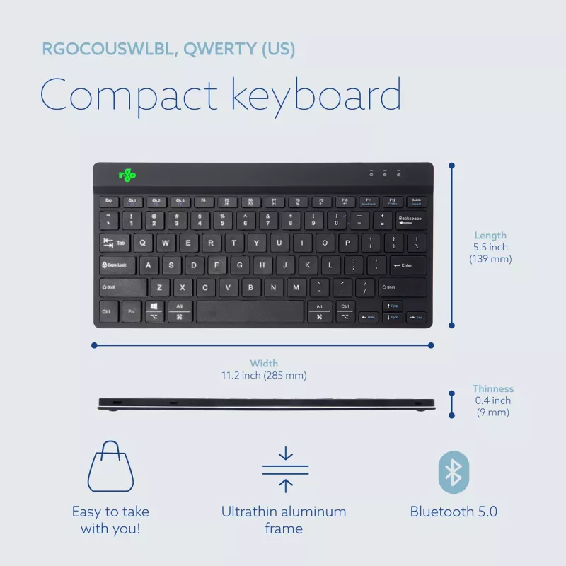 Teclado ergonómico R-Go Tools R-Go Compact Break, teclado compacto com software de pausas, QWERTY (US), Bluetooth, preto