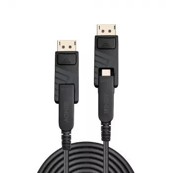 Cabo Mini DisplayPort 1.4 híbrido de fibra ótica Lindy 10m com conectores DP removíveis